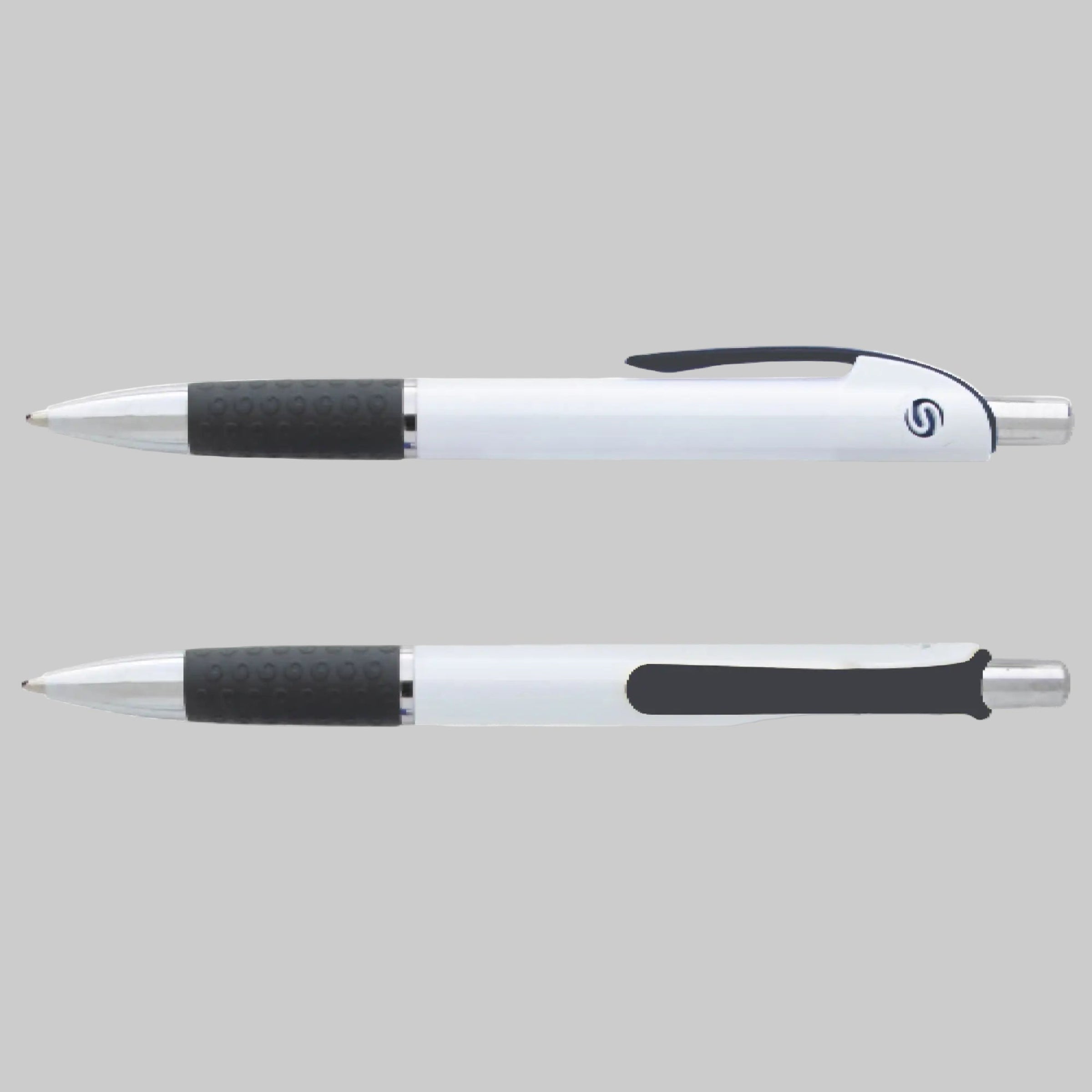 Two silver pens with black grips on a gray background